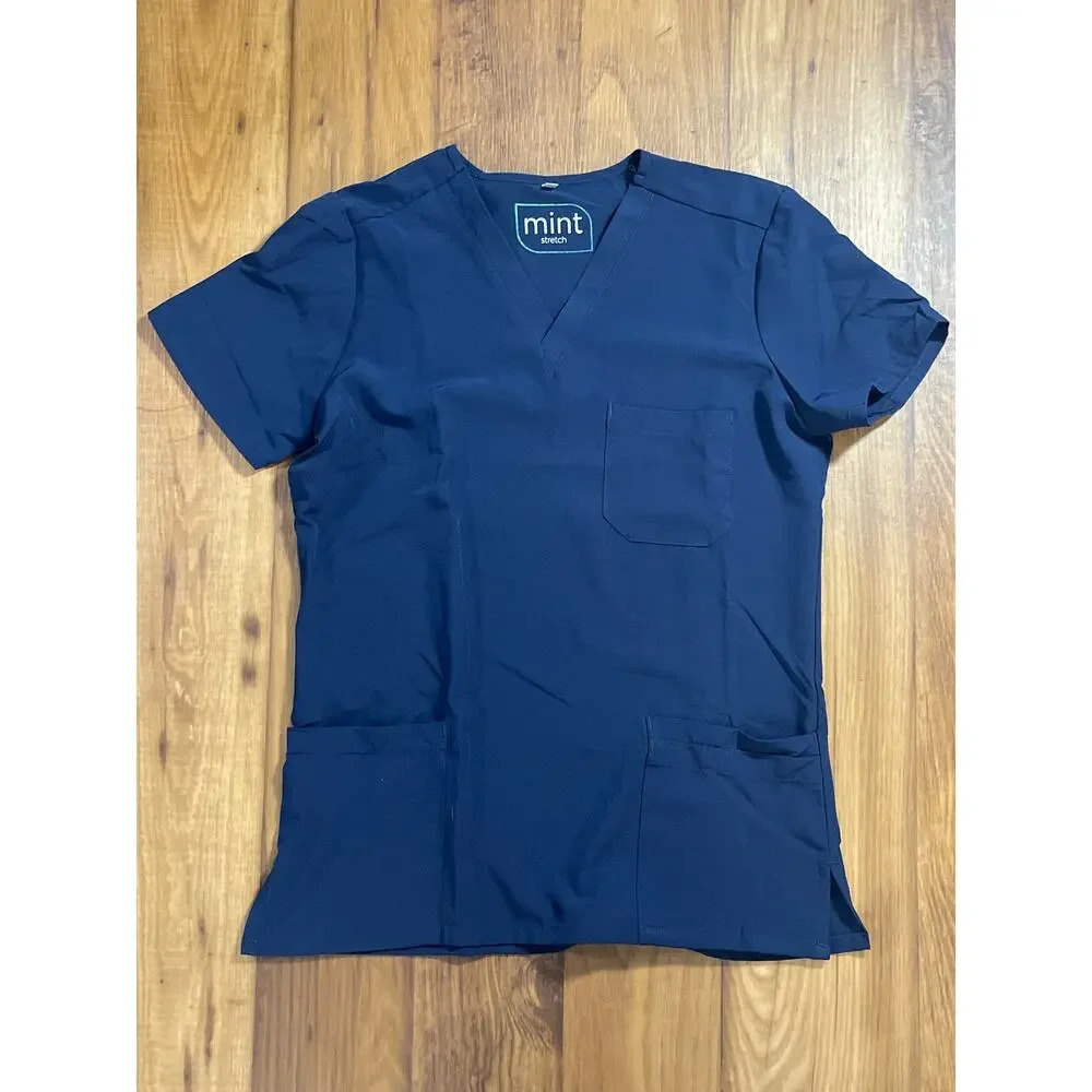 Mint Navy Blue Stretch V-Neck Short Sleeve Scrub Top Women's Size Extra Small